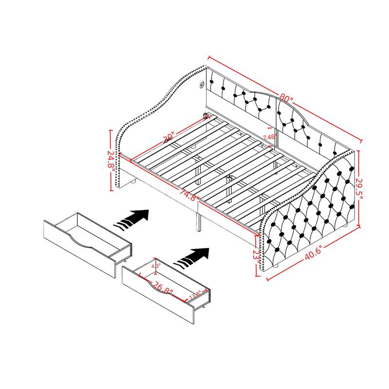 Twin Upholstered Daybed with Storage Drawers and USB Ports, Wood Daybed Frame, No Box Spring Needed