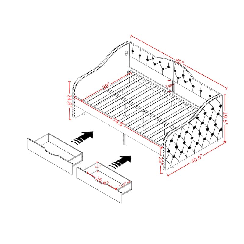 Upholstered Daybed with Storage Drawers, Twin Size Wood Daybed - No Box Spring Needed