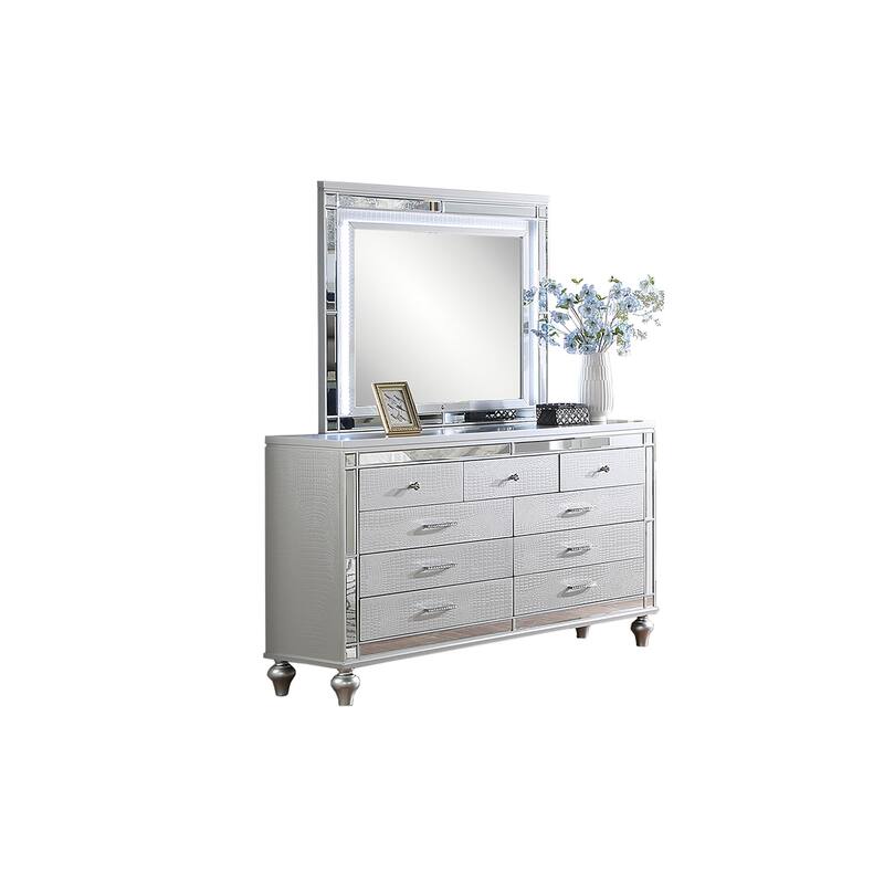Contemporary Style Bed Dresser Mirror Chest And Nightstand Set Silver Finish Bedroom Furniture