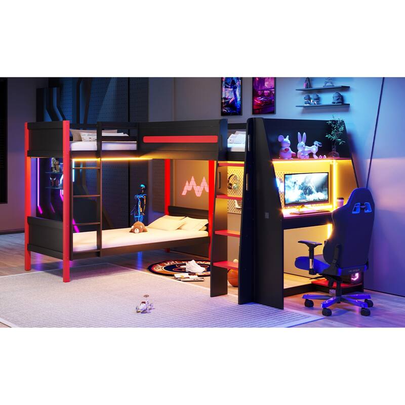 Roomfitters L-Shaped Twin Bunk & Loft Bed with Built-In Gaming Desk, LED Lights, Black and Red