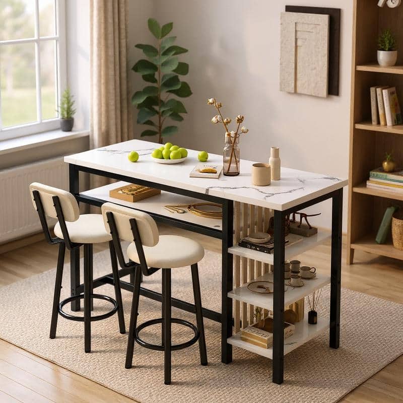 3-Piece Dining Room Table Set with 2 Upholstered Bar Stools, Modern Farmhouse Bar Table Set for 2 with Multiple Tier Shelves