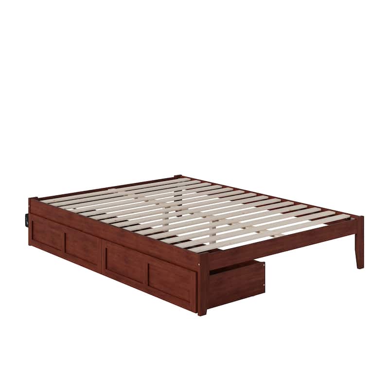 Platform Bed with USB Charger & Drawers - Walnut Finish, Modern Design