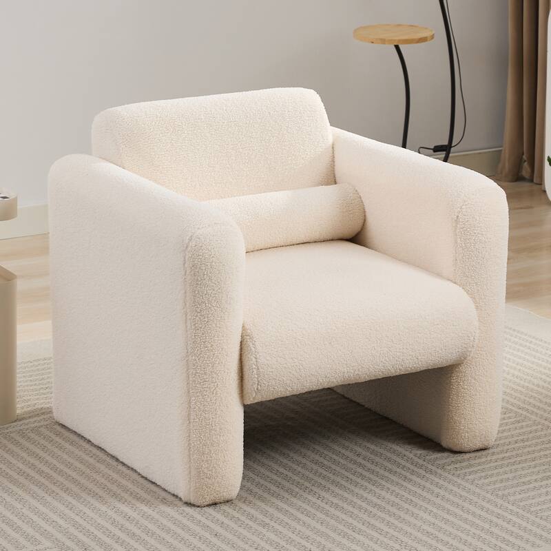 Modern Accent Chair Lambskin Sherpa Fabric Upholstered Comfy Reading Arm Chair Soft Padded Armchair with Back and Pillow