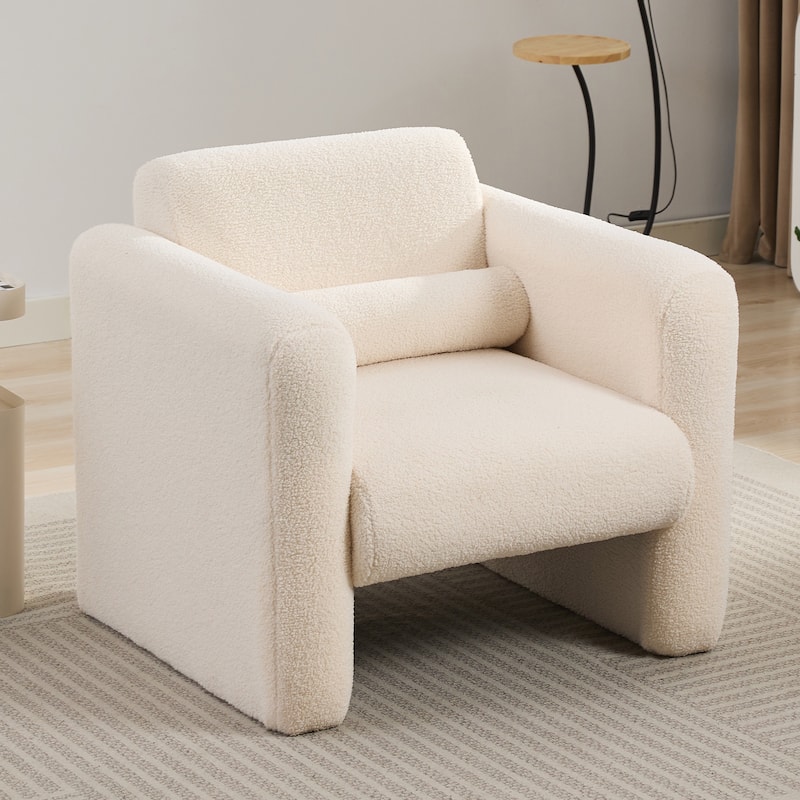 Modern Accent Chair Lambskin Sherpa Fabric Upholstered Comfy Reading Arm Chair Soft Padded with Back and Pillow for Living Room