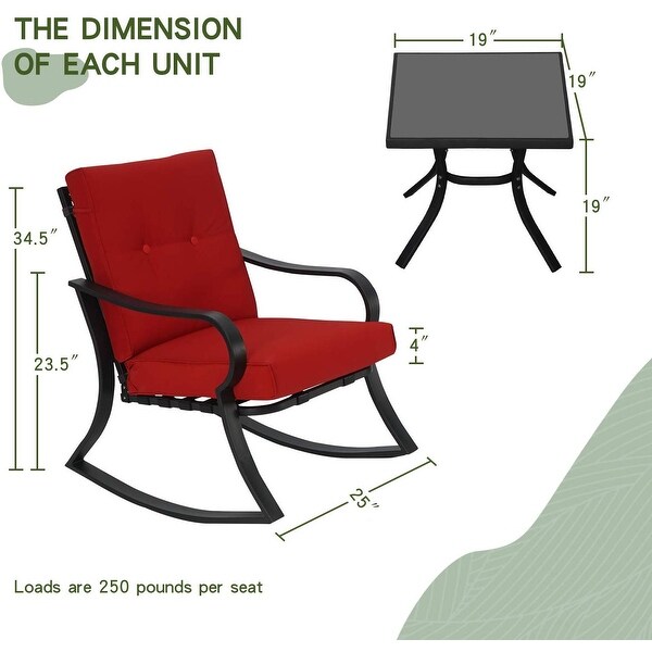Patio Lawn Garden Bistro Sets Black Steel Patio Furniture With Red Thickened Cushion Glass Top Coffee Table Solaura 3 Piece Outdoor Rocking Chairs Bistro Set
