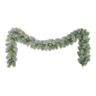 Puleo International 9' x 10" Pre-Lit Flocked Garland with Warm White LED Lights
