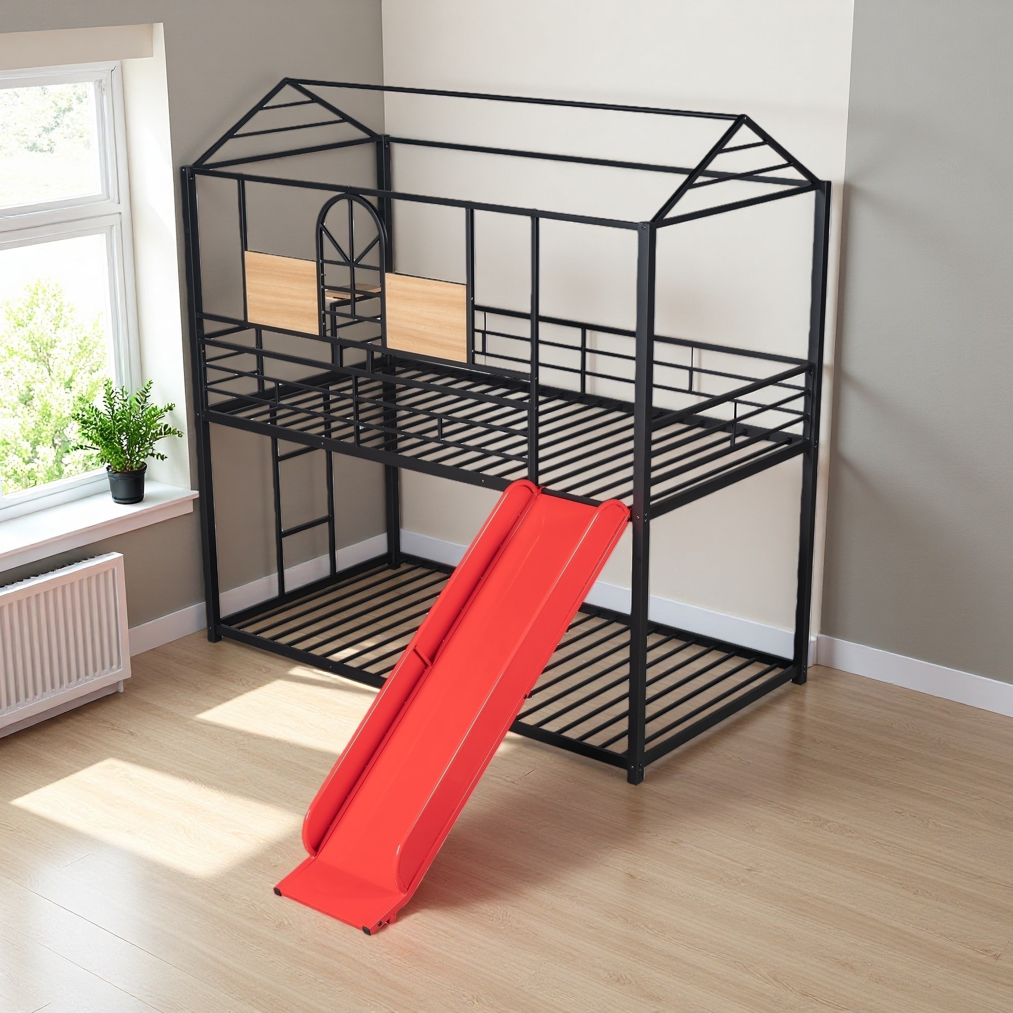 Twin over Twin Metal House Bunk Bed with Slide & Side Shelf