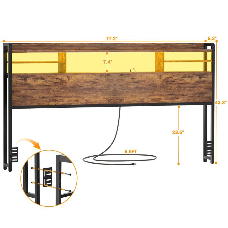 Storage Headboard with USB Port and Power Outlet, Head Board with LED Light for Bed Frame
