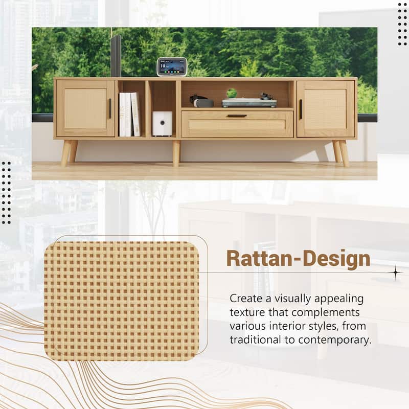 Rattan TV Stand Media Console Table for TVs up to 80", Entertainment Center with Solid Wood Legs, TV cabinet