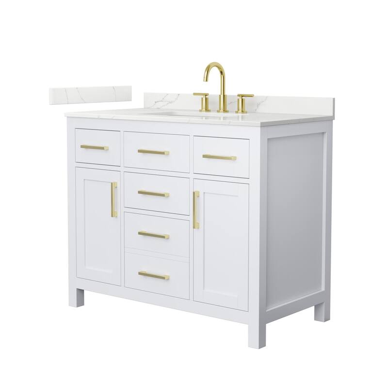 Wyndham Collection WCG2424-42S-QTZ-US3MXX Beckett 42" Free Standing - White / Giotto Quartz Top / Brushed Gold Hardware