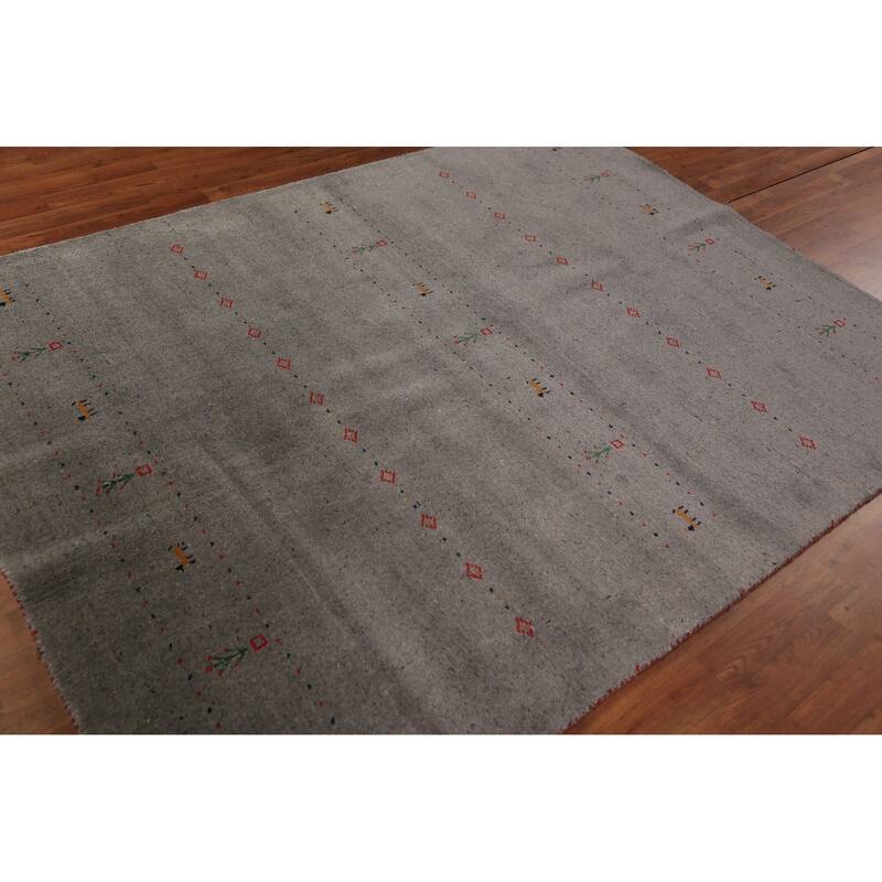 Gabbeh Oriental Area Rug Hand-Knotted Tribal Grey Wool Carpet - 5'8" x 7'7"