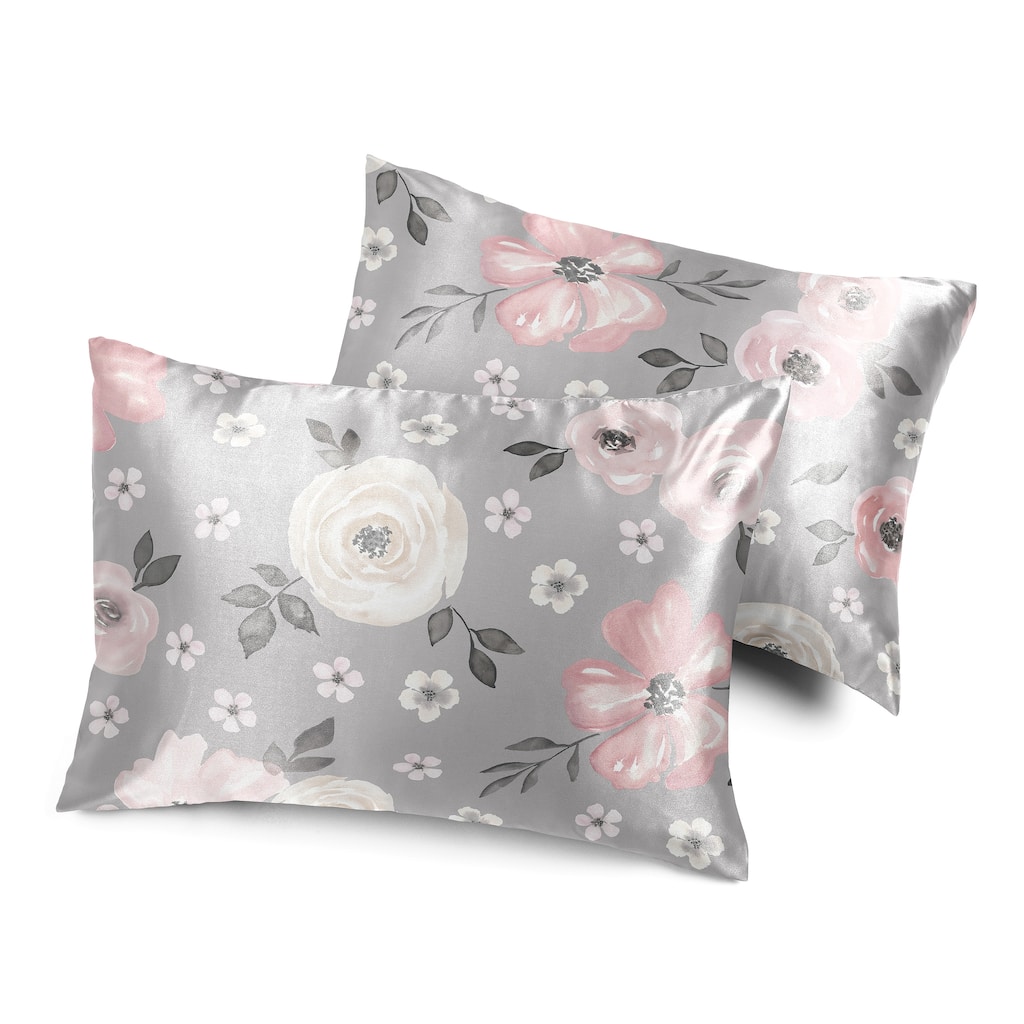 Sweet Jojo Designs Grey Boho Floral Girl Decorative Satin Pillowcases - 2 Pack Set - Bohemian, Shabby Chic, Watercolor, Flower