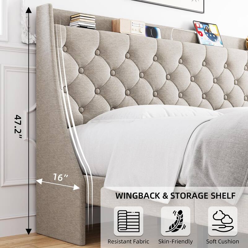 Bed Frame with Charging Station and Storage Shelf