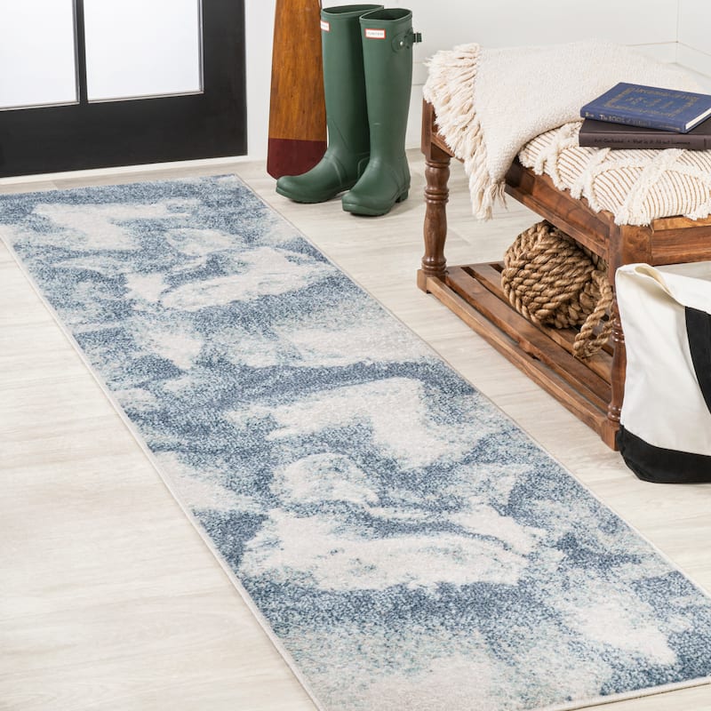 JONATHAN Y Marmo Abstract Two-Tone Modern Area Rug - 2 X 8 - Blue/Cream