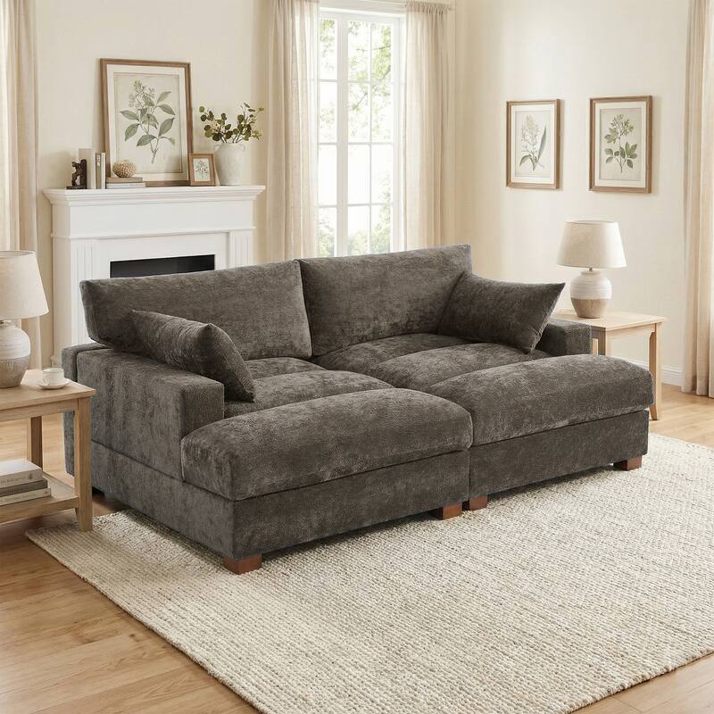 82.5"W Chenille Upholstered Sectional Modular Sofa With Chaise - Camel