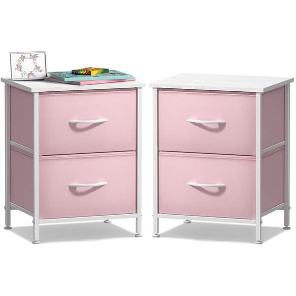 slide 2 of 7, Sorbus Nightstand with 2 Drawers - Steel Frame, Wood Top & Easy Pull Fabric Bins (2 Pack) Pink