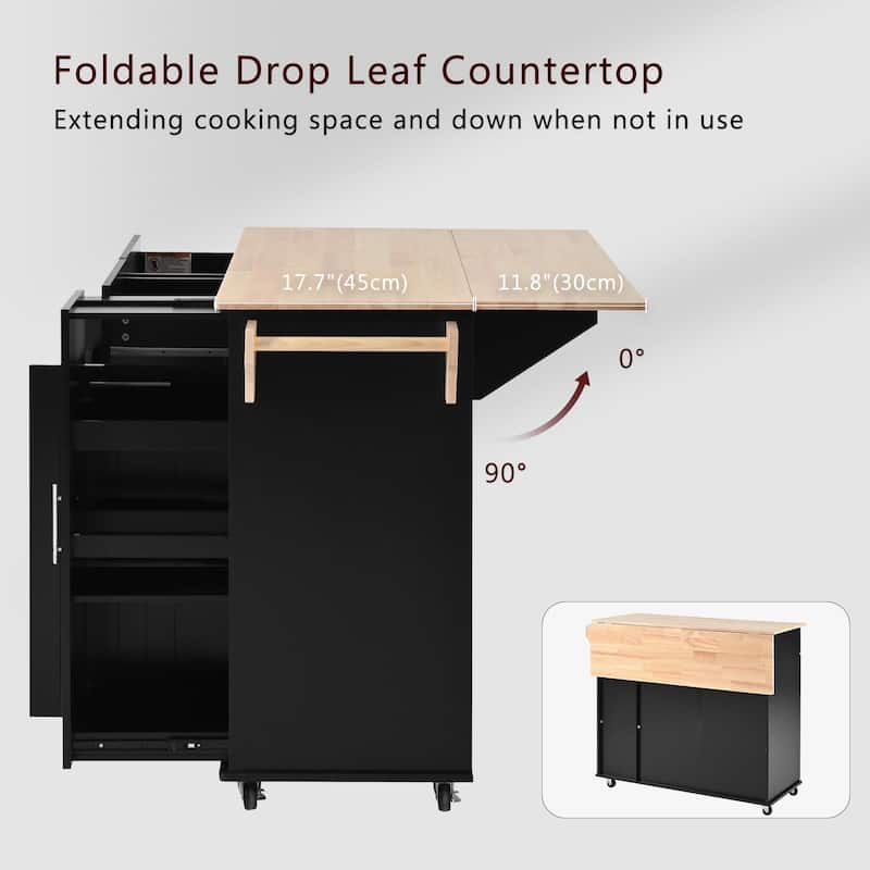 Modern Kitchen Cart with Drop Leaf, 3-Tier Pull-Out Cabinet,Adjustable Shelves,Rolling Island with Towel Rack & Storage Drawers