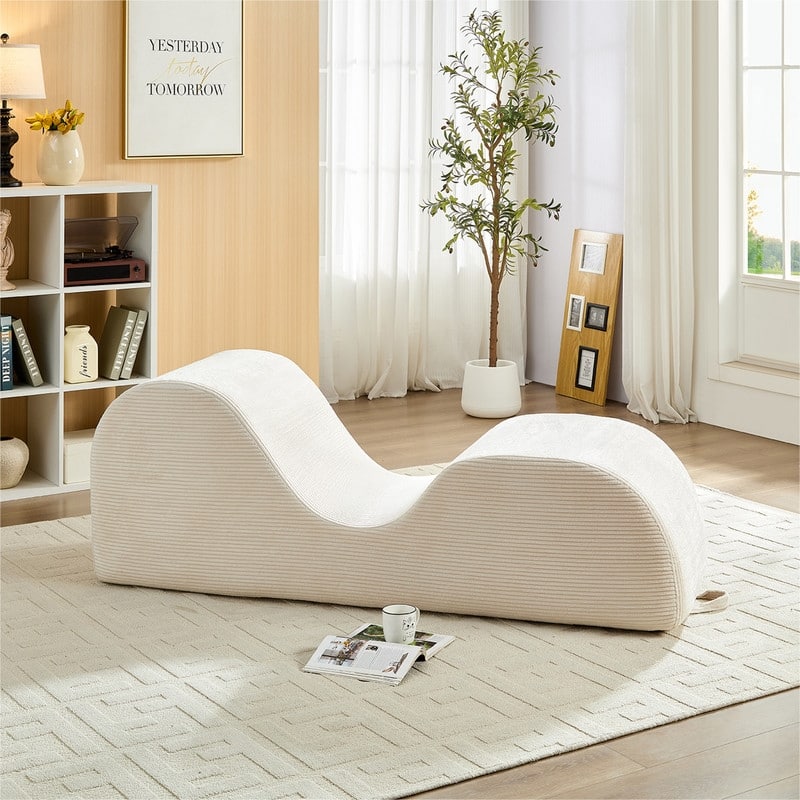 Mixoy Corduroy Yoga Chaise Lounge Chair,Curved Yoga Sofa with Movable Headrest/Waist Cushion/Footrest,Non-Slip Bottom