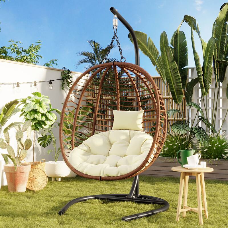 Single Person Folding Egg Chair with Stand - Hanging Wicker Hammock Swing with Adjustable Feet for Balcony, Garden, Bedroom - Brown+Beige