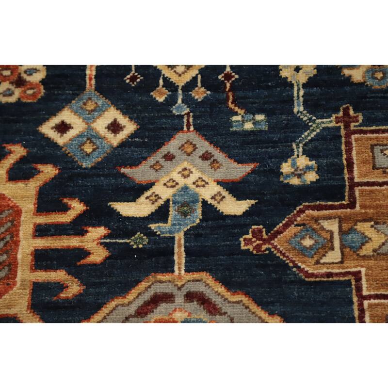 Hand Knotted Oriental 100% Wool Carpet Traditional All-Over Navy Blue & Blues Heriz (serapi) Area Rug - 13' 8'' X 10' 1''