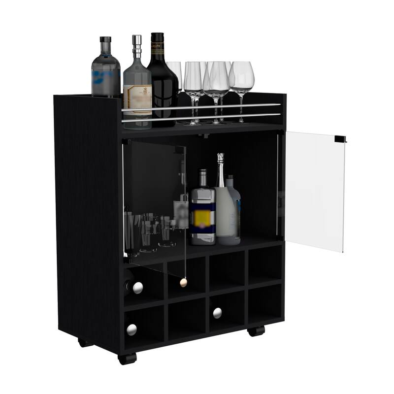 Bar Cart with Built-In 8-Bottle Rack,Double Glass Door Cabinet,and Aluminum-Edged Top Surface