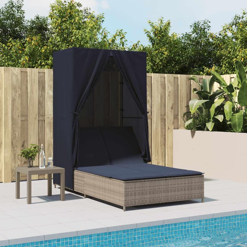 vidaXL Double Sun Lounger with Roof and Curtains Poly Rattan Brown/Gray/Black - 40.9" x 77.6" x 76" - Gray (4)