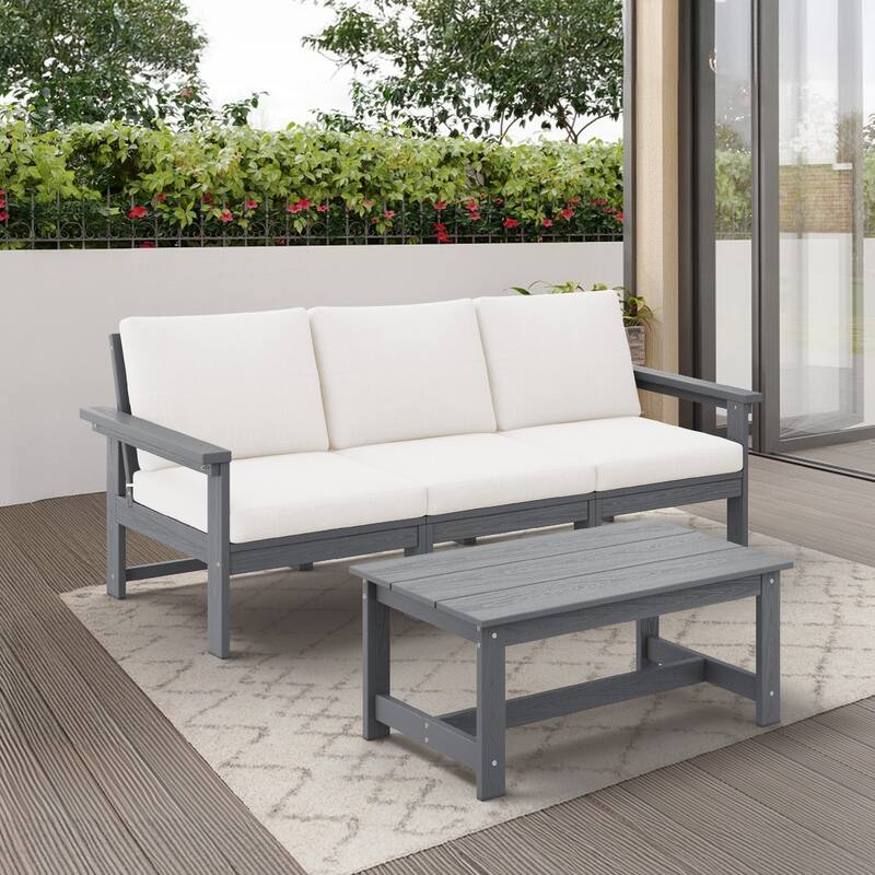 Outdoor Patio HDPE 3-Seat Sofa and Coffee Table Set, Removable Cushions Included