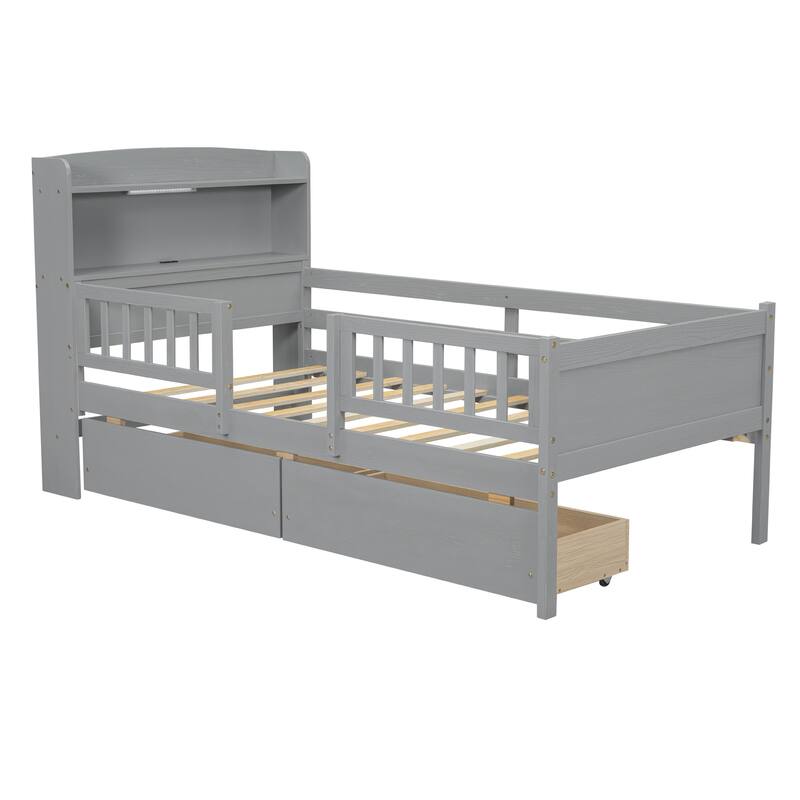 Twin Size LED Platform Bed with Multi-functional Headboard, Guardrails and Storage Drawers, Gray