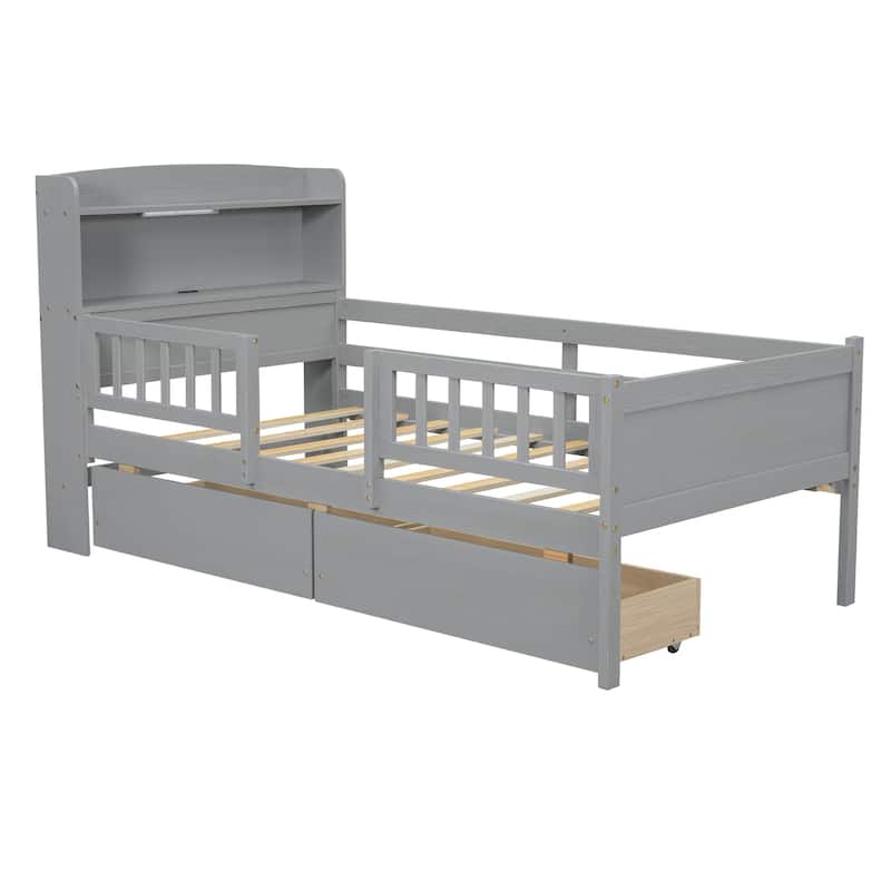 Wood Twin Size Platform Bed with LED Light, Multi-functional Headboard