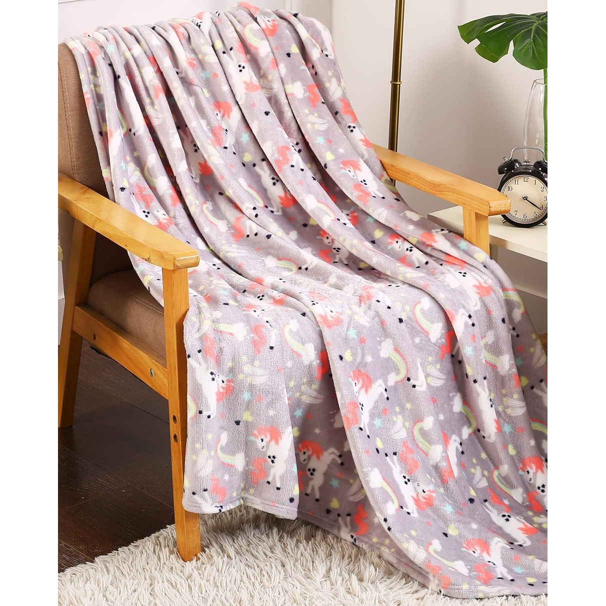 Summertime Whimsy Plush Fleece Throw Blanket 50 x 60 Rainbow Unicorn