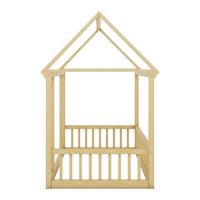 Twin/Full Size Floor Bed with Wooden House Roof Frame and Safety Guardrails for Children's Bedrooms, Small Space