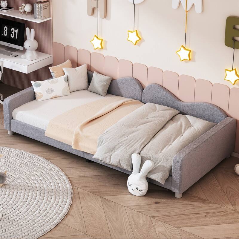 Upholstered Daybed with Cloud-Shaped Backrest, Twin/Full Size Sherpa Fabric Daybed Frame Sofa Bed with Support Legs for Kids - Grey - Twin