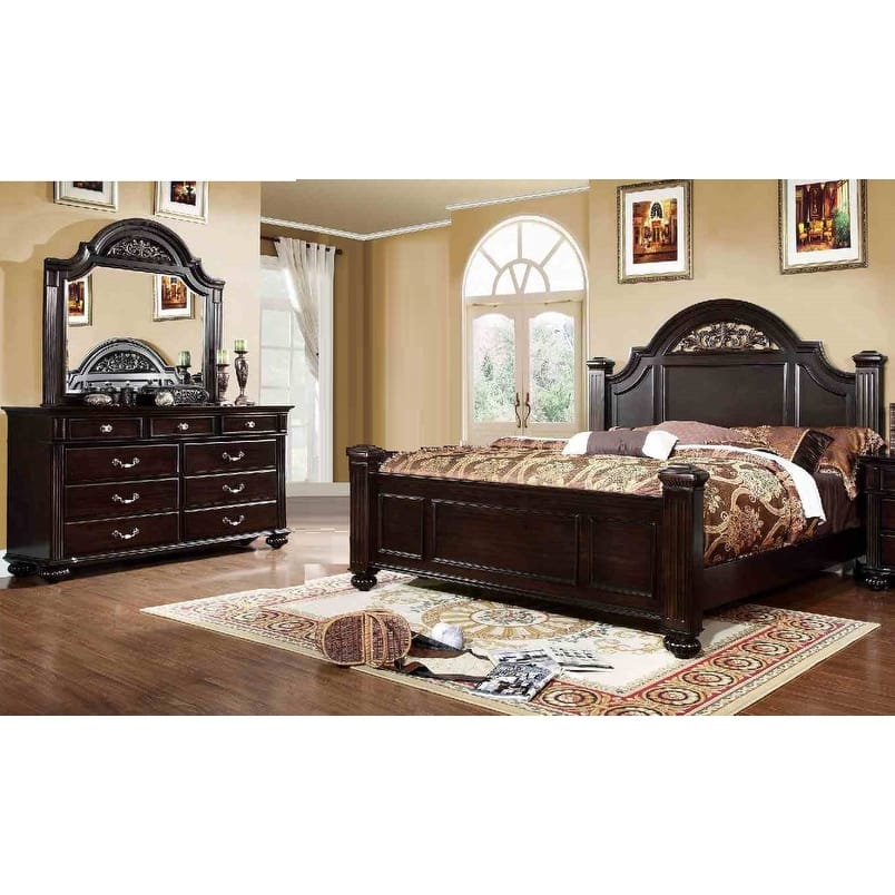 Formal Dark Walnut Finish Floral Design Bedroom Set 3pc