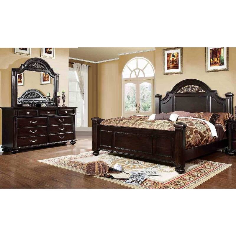 Formal Dark Walnut Finish Floral Design Bedroom Set 3pc