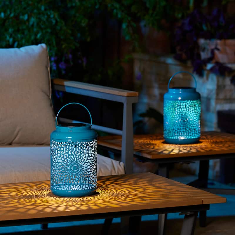 Glitzhome 8.75"H Outdoor Waterproof Metal Solar Hanging Lantern with Flower Leaves Decor
