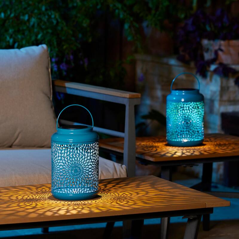 Glitzhome Set of 2 Metal Cutout Solar LED Outdoor Waterproof Hanging Lanterns