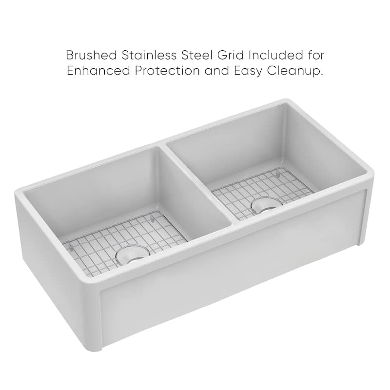 Reversible Fireclay Kitchen Sinks With Grid Three Edge Frame, Plain Front Apron