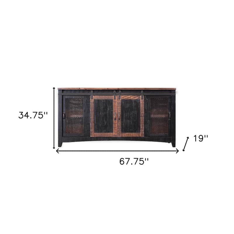 HomeRoots 68" Black Solid Wood Cabinet Enclosed Storage Distressed TV Stand - 67.75' X '34.75' X '19