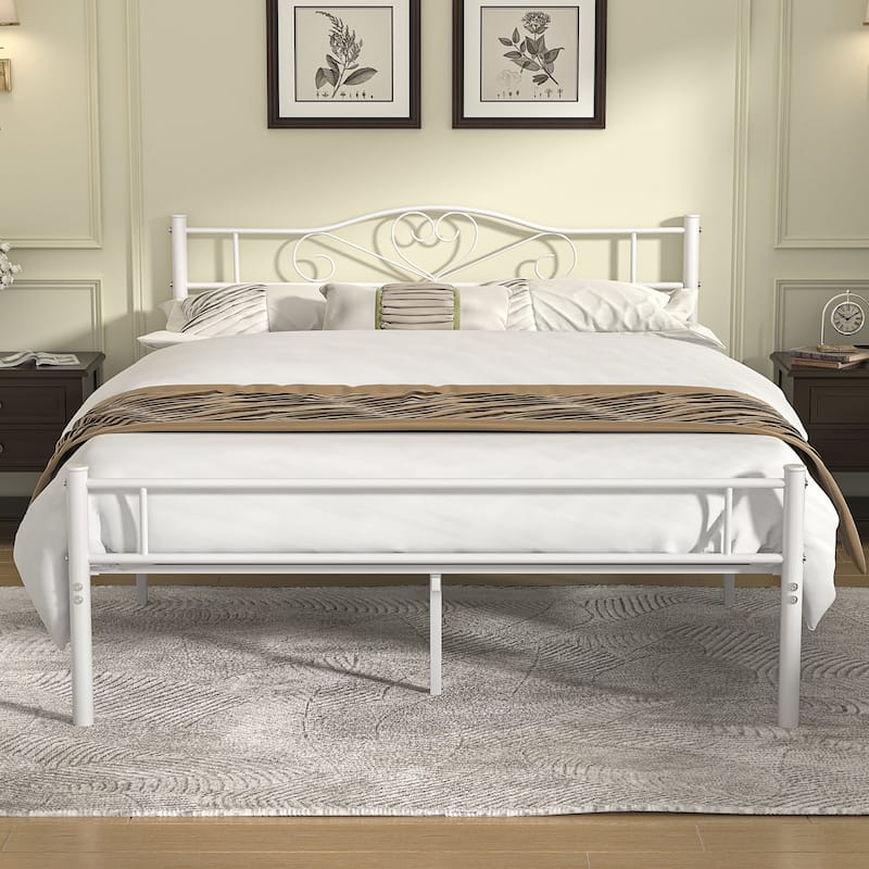 Javlergo Full Size Metal Bed Bed Frame with Headboard and Footboard, White - White - Full