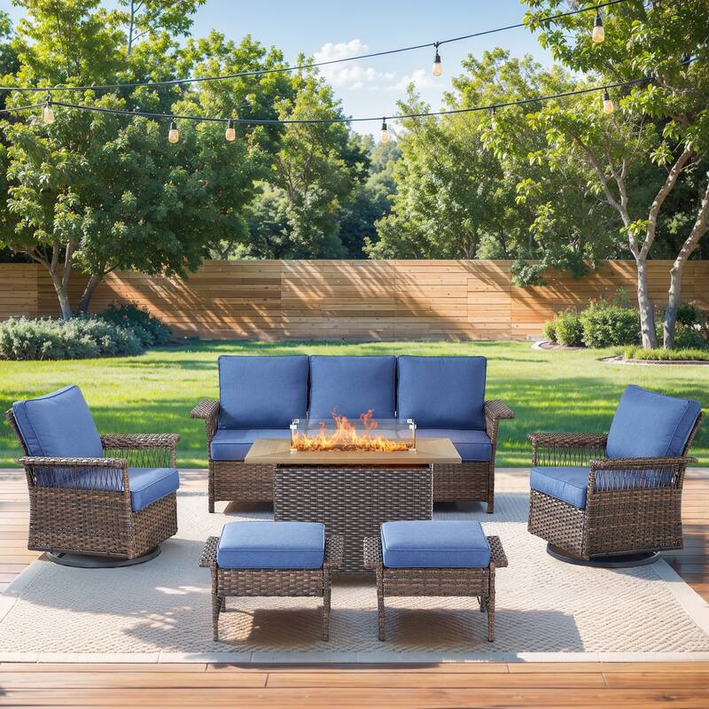 Pocassy 41 in Fire Table with Patio Sofa Swivel Chair Ottoman - Brown Wicker Blue Cushion - 6-Piece Sofa Swivel Chair Ottoman with Fire Table
