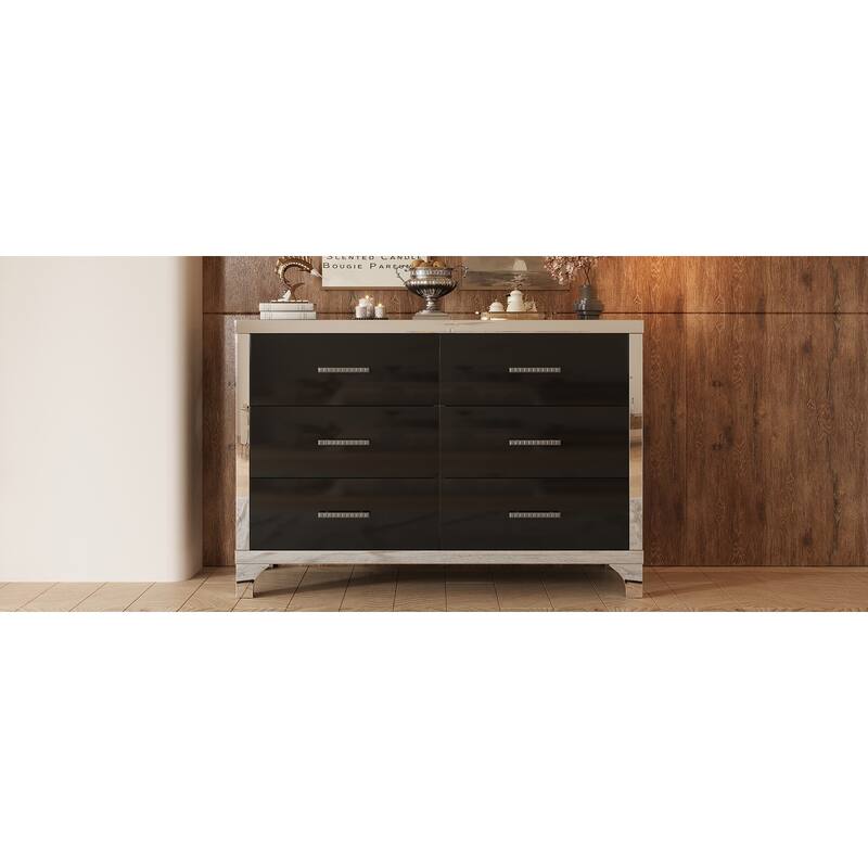 Elegant High Gloss Dresser with Metal Handle,Mirrored Storage Cabinet with 6 Drawers for Bedroom