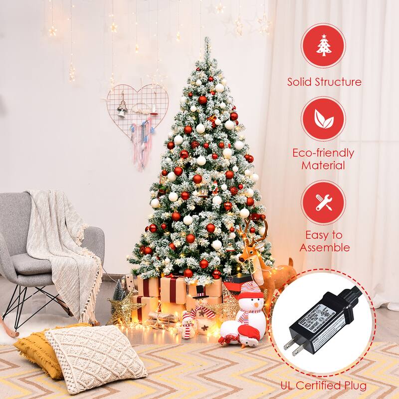 Gymax 6ft Pre-lit Snow Flocked Christmas Tree Hinged Pine Tree Holiday - See Details