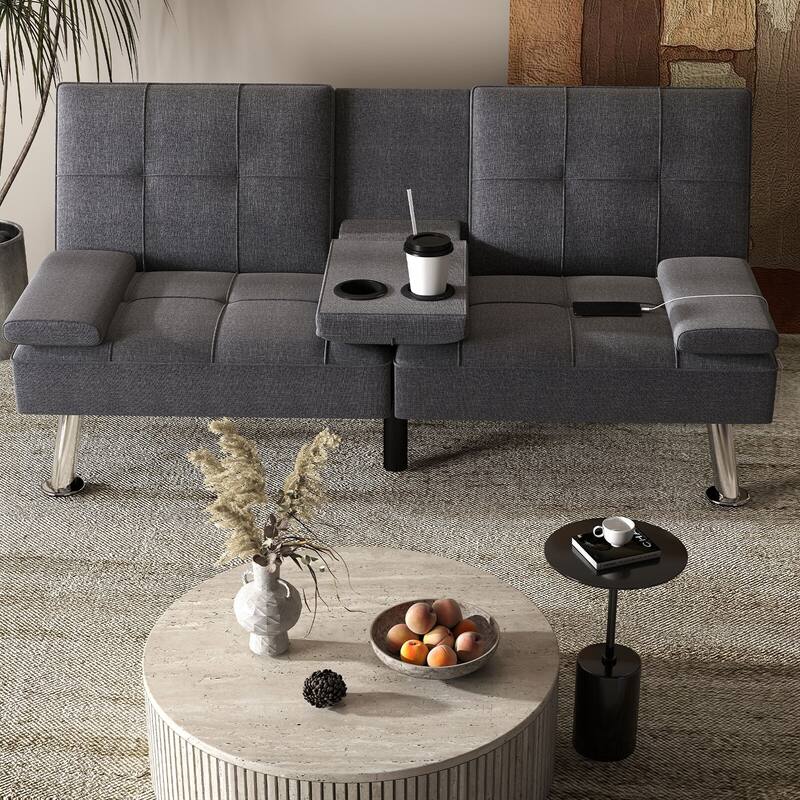 Linen Upholstered Modern Convertible Folding Futon Sofa Bed for Compact Living Space - Grey