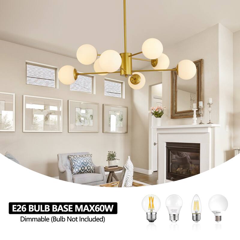 Elegant 8-Light Gold Chandelier with Frosted Glass Globes, Mid-Century Modern Ceiling Light Fixture for Living Room