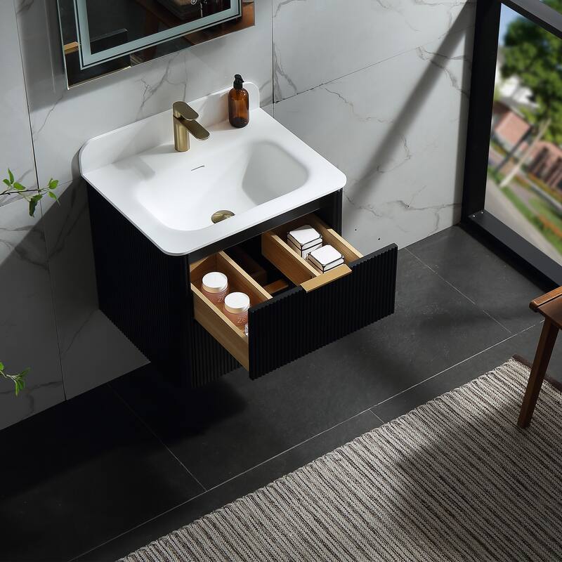 Modland Fluted Floating Vanity with Sink, Plywood Wall Mount Cabinet, Curved Edge, 24/30/36 Inch