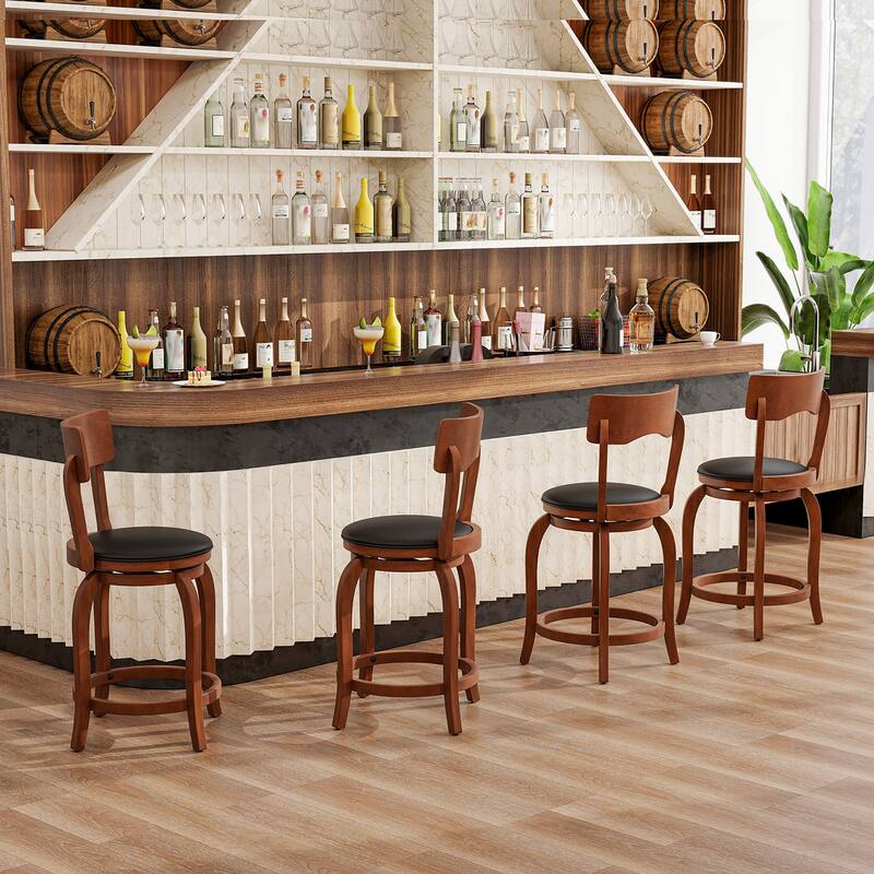Gymax 24'' Swivel Bar Stools Set of 4 w/ Rubber Wood Frame Upholstered