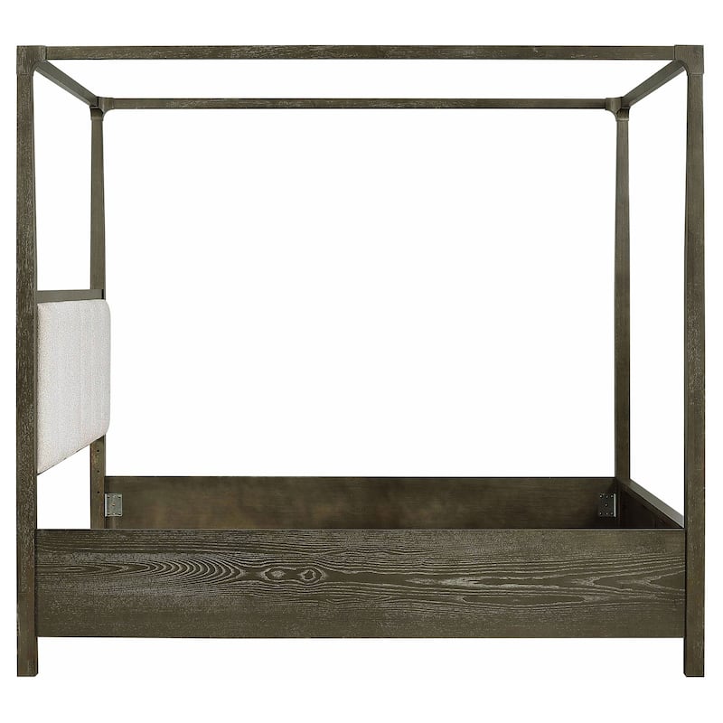 Dark Cocoa Queen Canopy Bed with Upholstered Headboard, Transitional Design