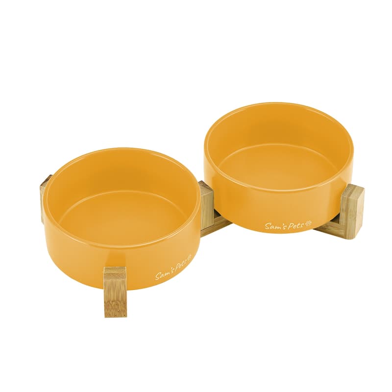 Coco Dual Pet Bowl with Wood Stand 5.11'' in Yellow - 10.8