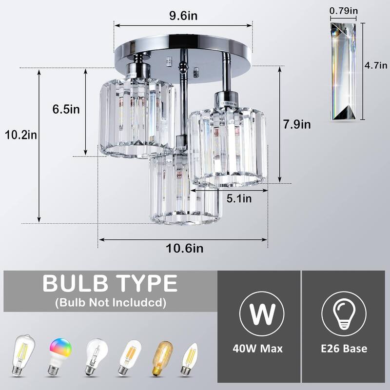 Modern 3-Light Crystal Semi Flush Mount Ceiling Light for Hallway Bedroom Bathroom