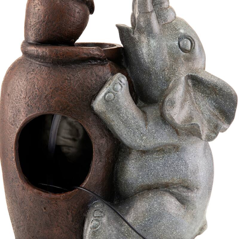 Glitzhome 4-Tiered Dogs or Elephant and Pot Polyresin Outdoor Fountain with Pump and LED Light
